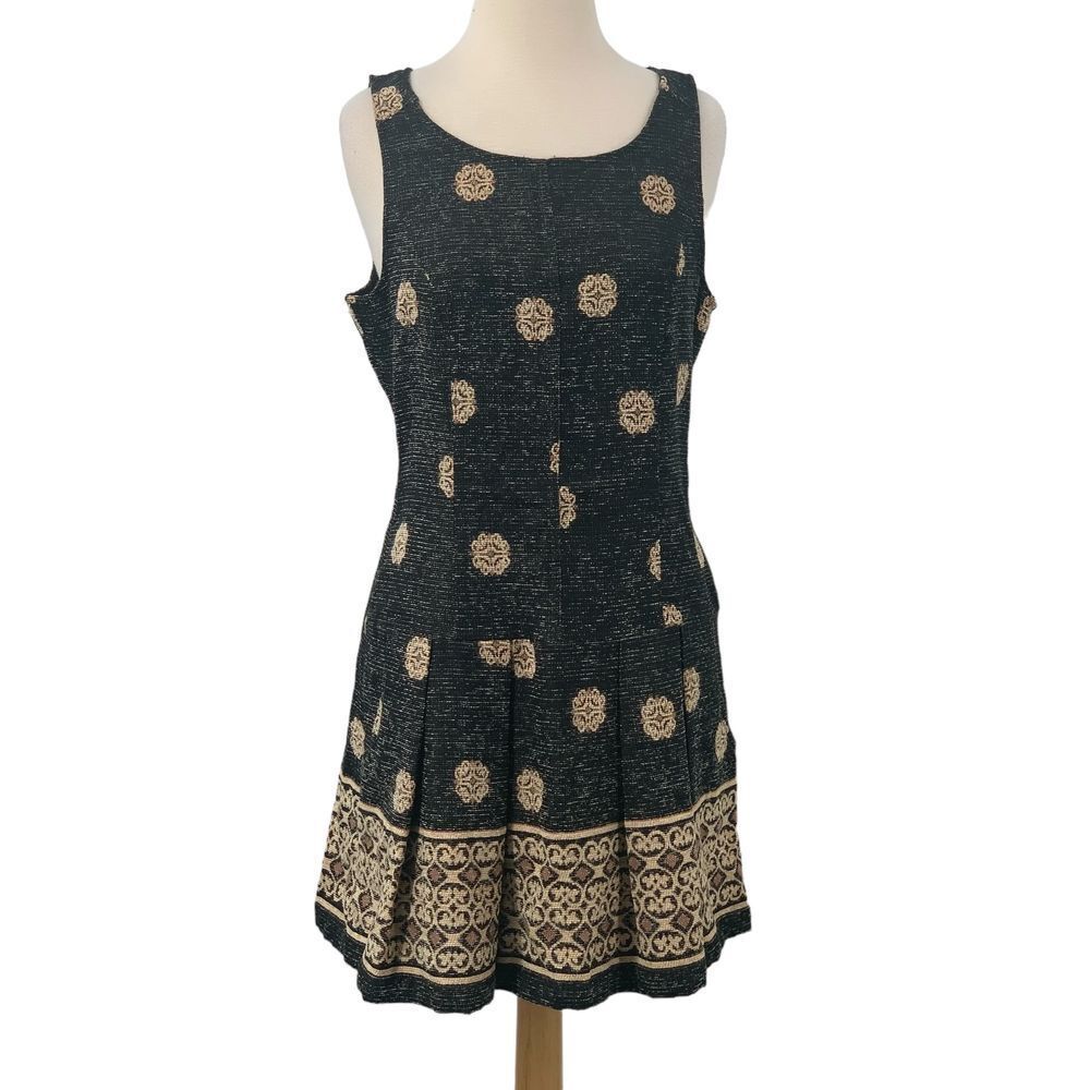 Free People Women's Sleeveless Pleated‎ Dress Boho Black/Beige Medallion Size 8